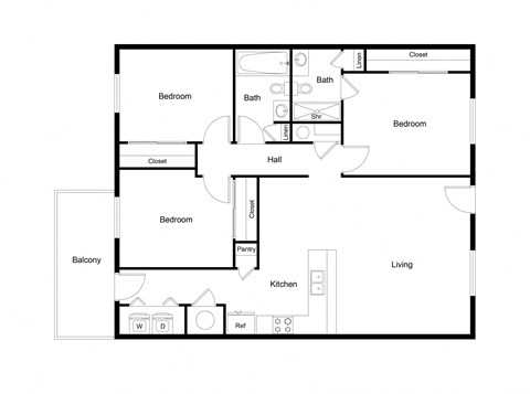 Floor plan for 3 beds, 2 baths, 1082 sqft